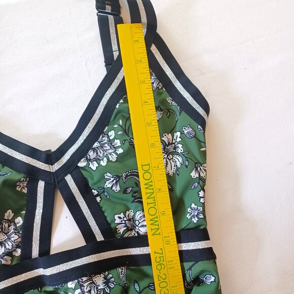 Floral Green One-Piece Swimsuit With Cutouts & Black/Gold Striped Accents - Picture 7 of 10